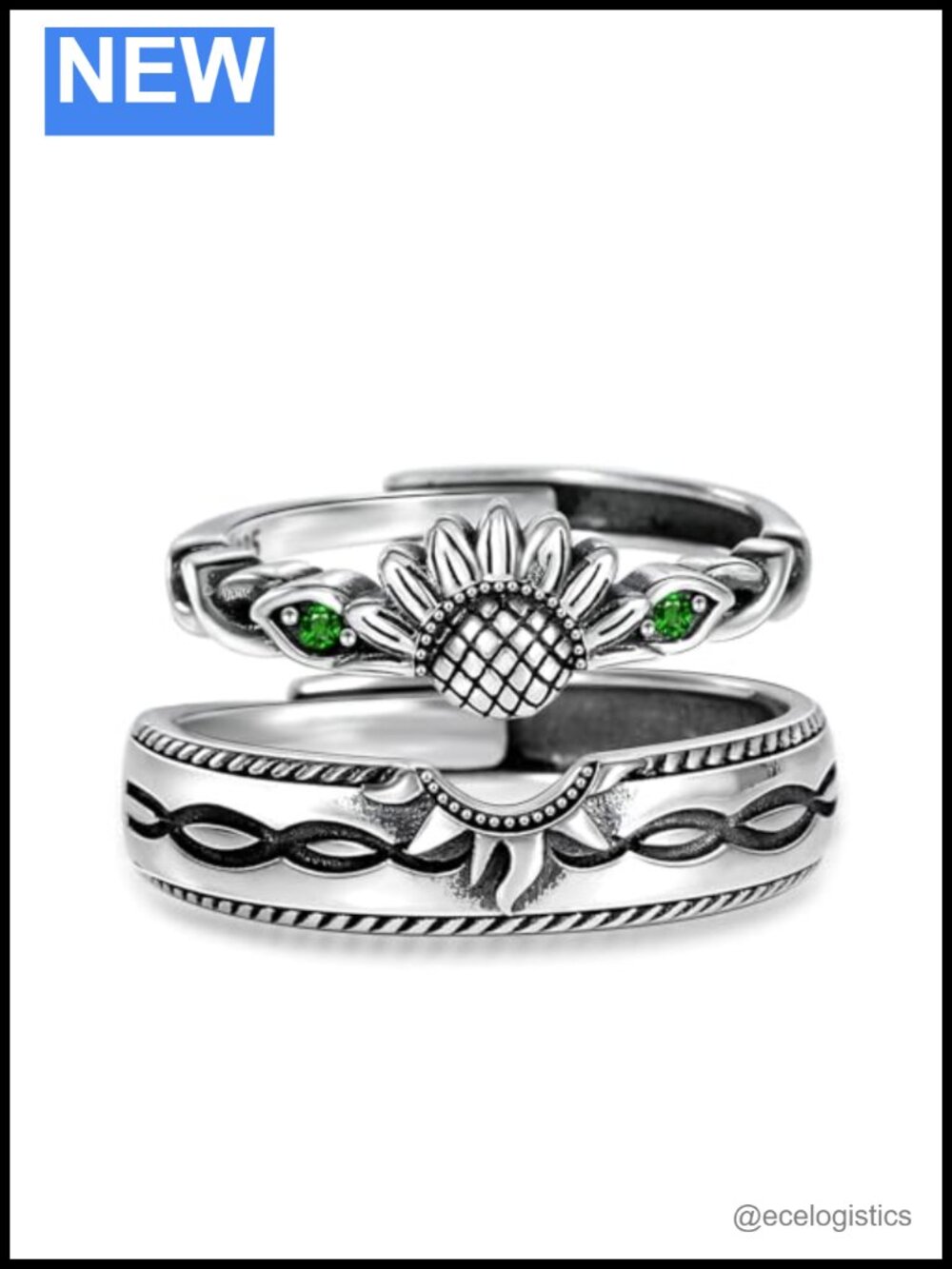 Emerald Sunflower Promise Rings, Sterling Silver, Adjustable, Couples Set